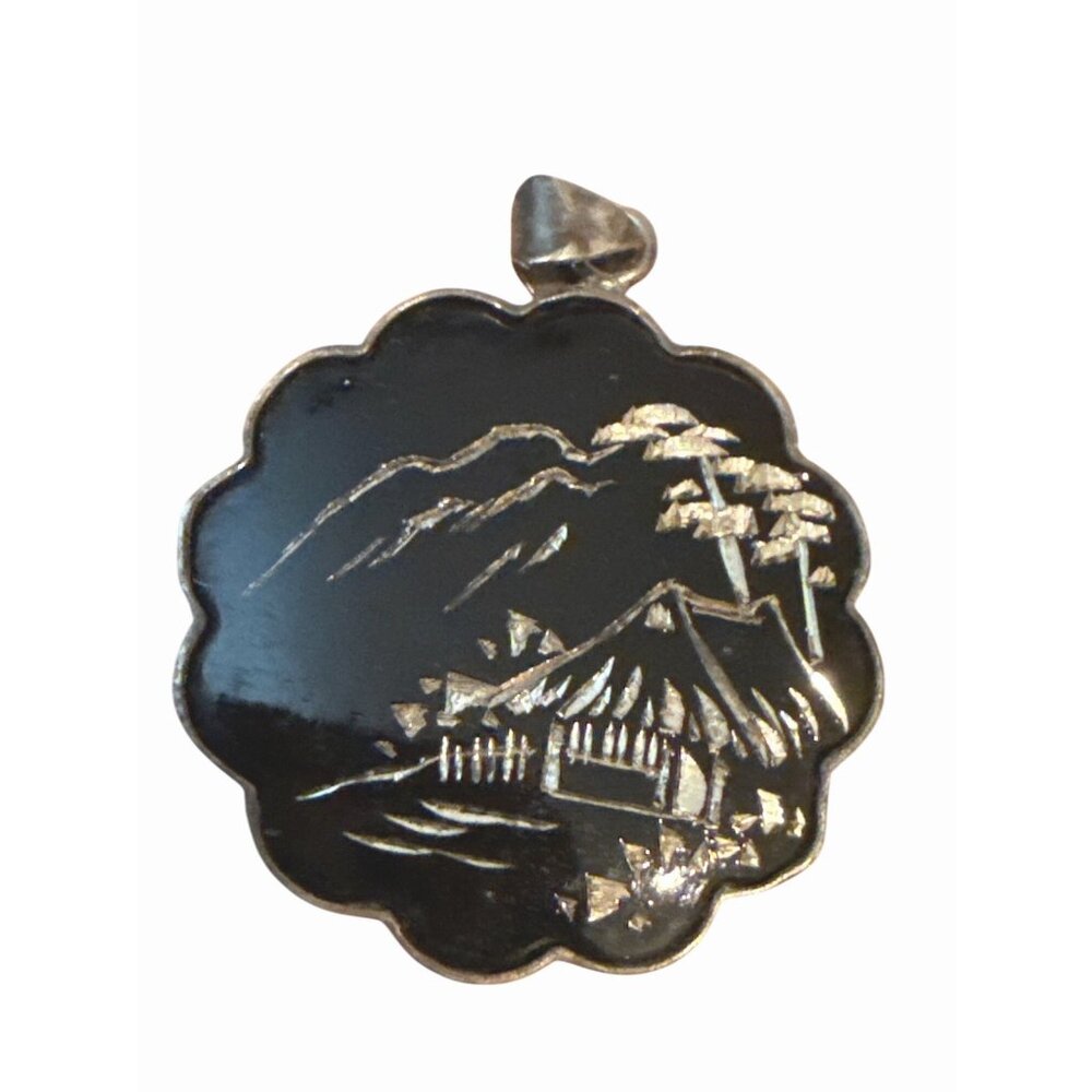 Vintage Sterling Silver Japanese Damascene Landscape Pendant Black Enamel